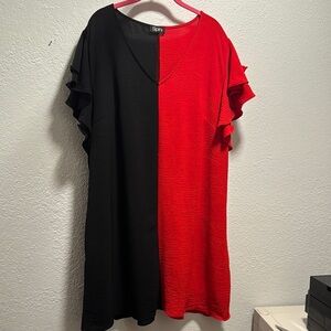 Black and Red Asymmetrical Ruffled Short Sleeve Dress